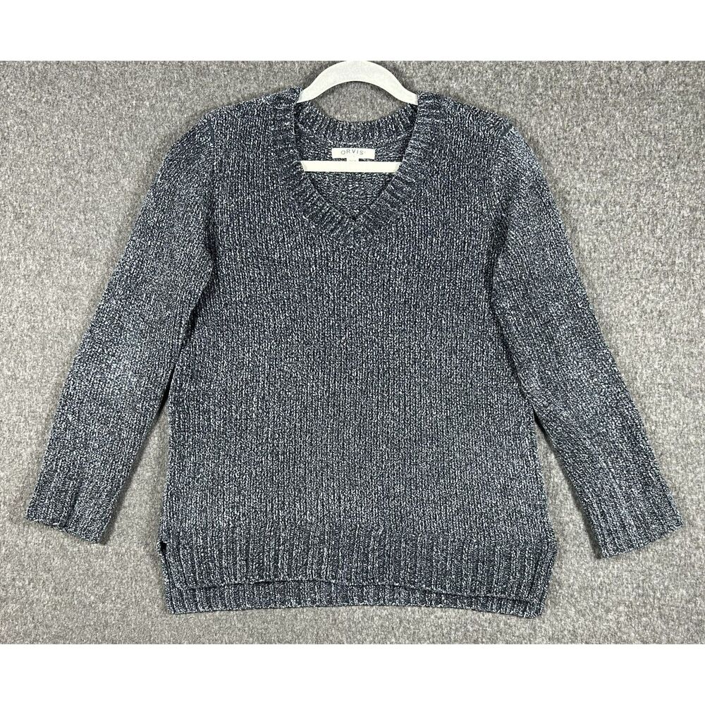 Orvis Classic Collection Chenille Marled V-Neck Tunic Sweater Size S Blue Gray